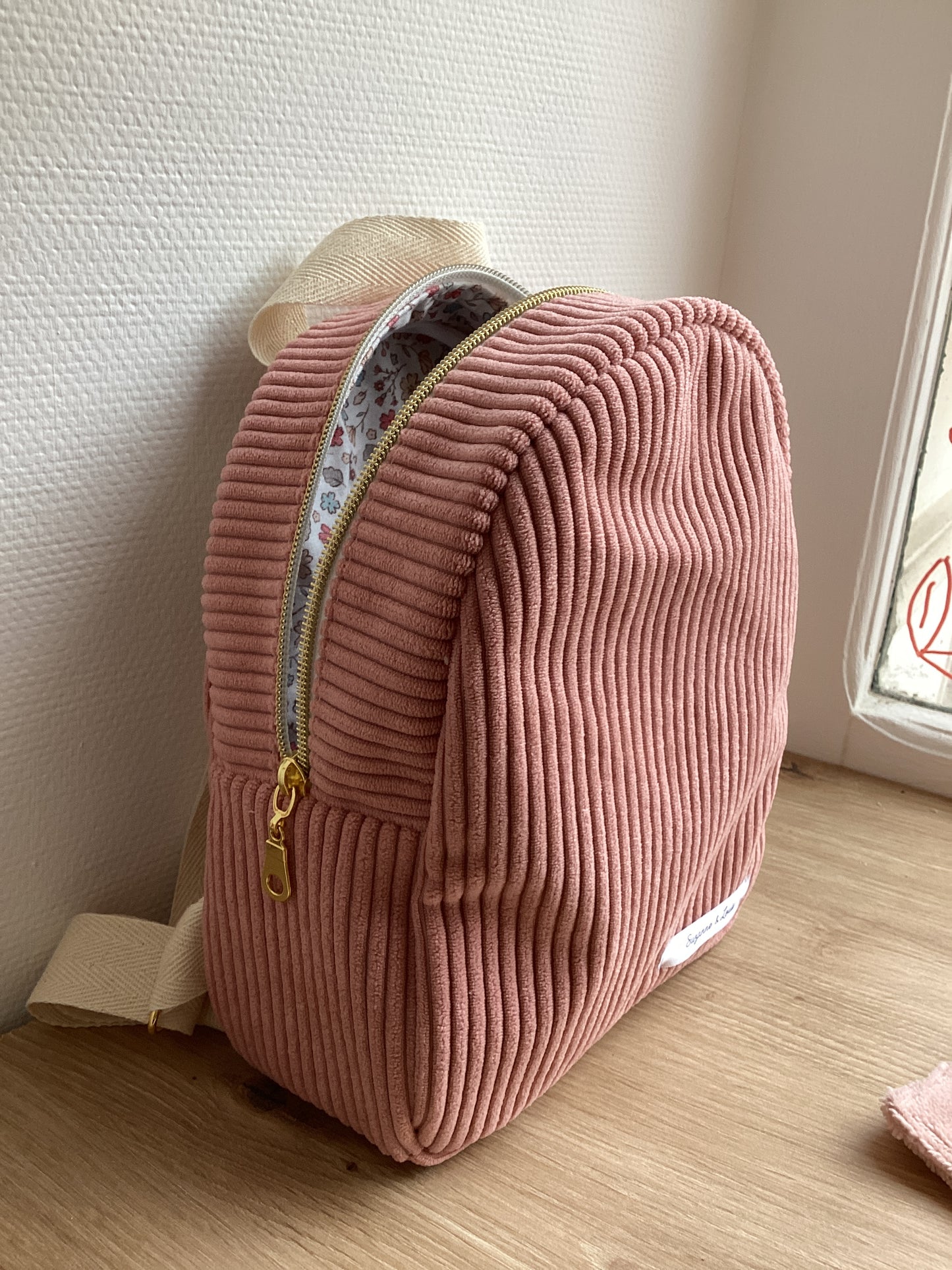 Sac à dos en velours côtelé rose fille