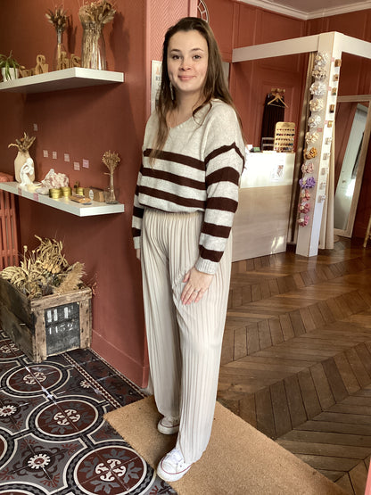 Pantalon fluide plissé beige à taille élastique