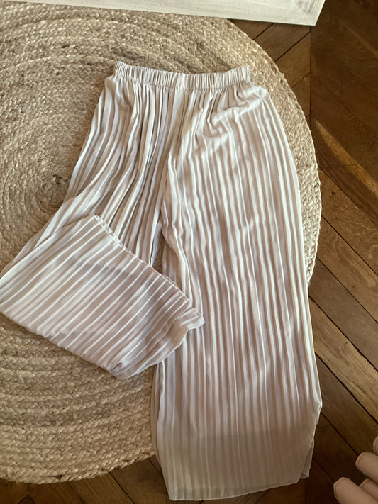 Pantalon fluide plissé beige à taille élastique
