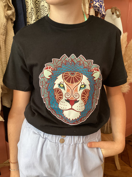 T-shirt noir fille avec lion mandala coloré