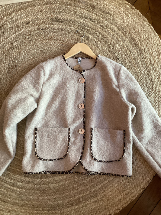 Veste aspect laine bouclée beige & léopard