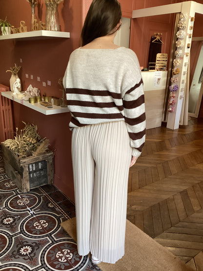 Pantalon fluide plissé beige à taille élastique