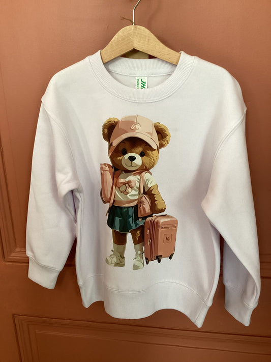 Sweat blanc fille motif ourson globe-trotteur